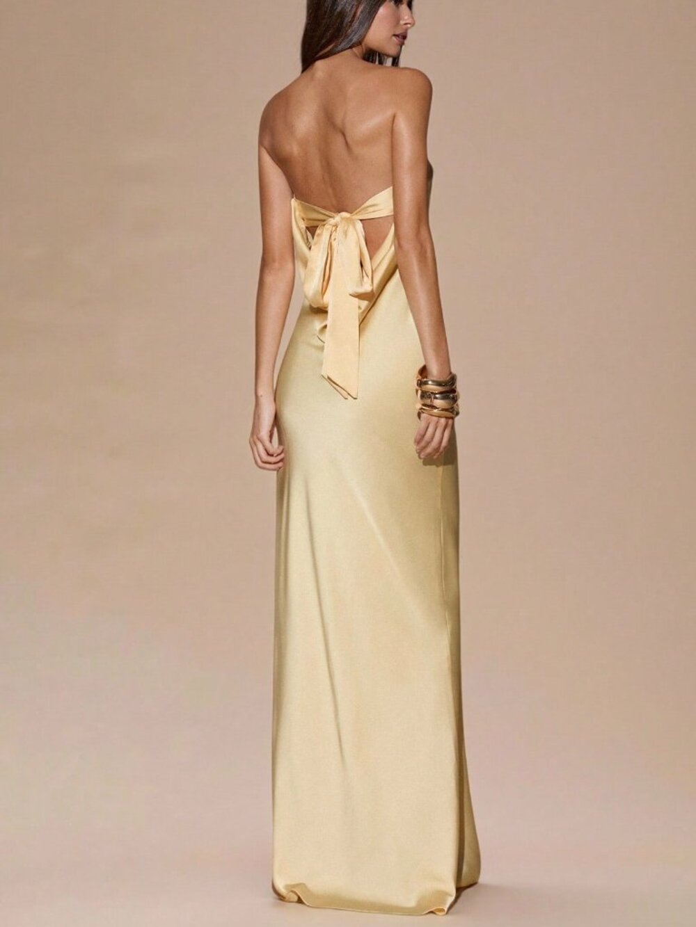 Light Yellow Sexy Women's Minimalist Strapless Backless Dress - Picture 2 of 5